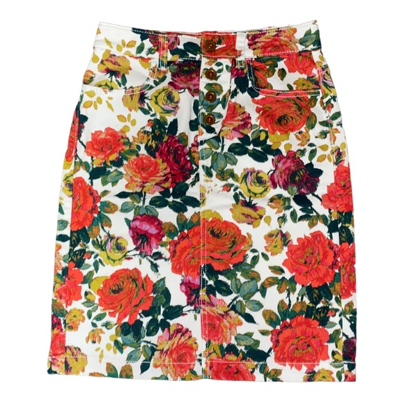 Anthropologie Dresses & Skirts - Maeve Anthropologie Red Green Floral Garden Denim Fly Button Jean Skirt | Size 0